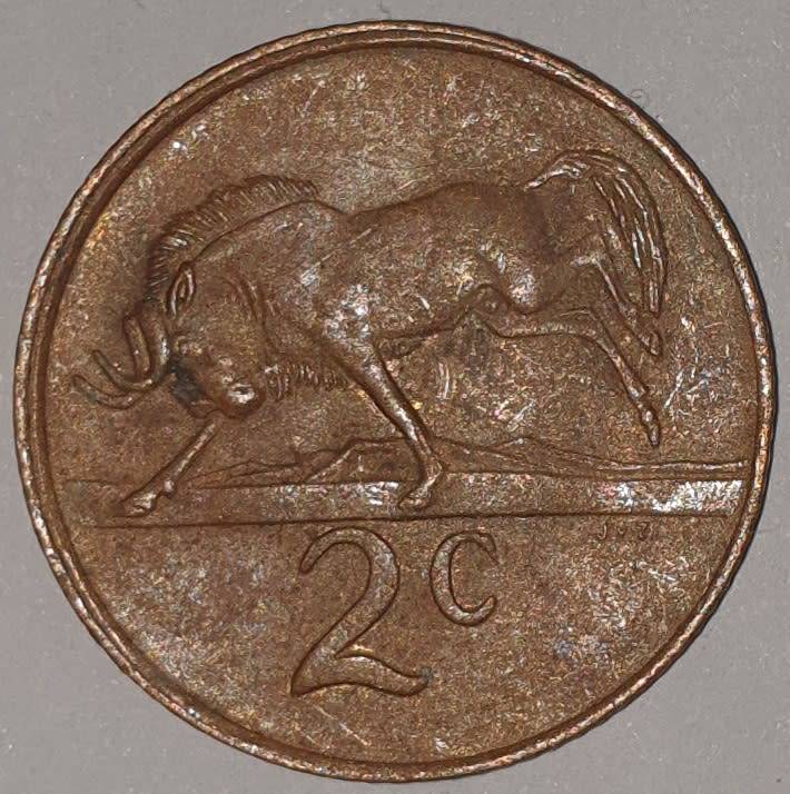1982 - 2 CENT COIN (TWO CENT COIN) - RSA - BRONZE - KM#83 - BILINGUAL LEGEND - WILDEBEEST